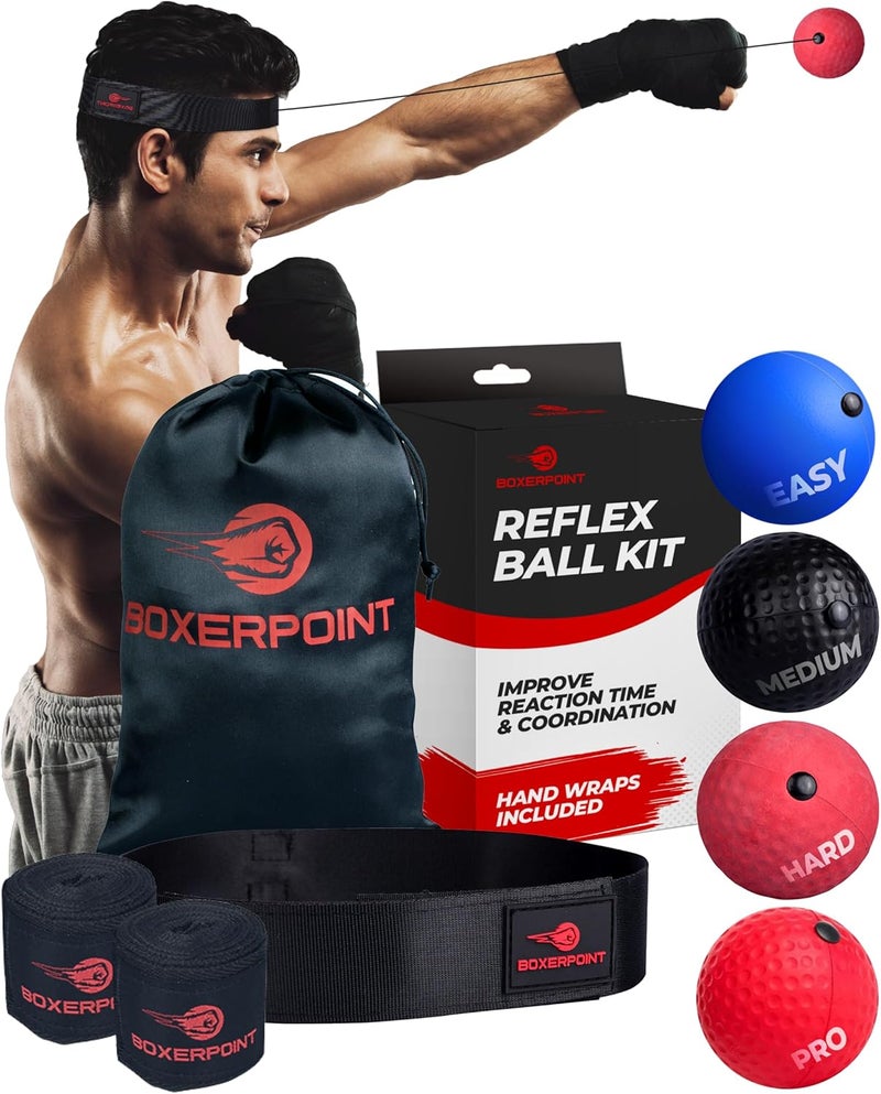 BOXERPOINT Boxing Reflex Ball for Adults and Kids - React Reflex Balls on String with Headband, Carry Bag and Hand Wraps - Improve Hand Eye Coordination, Punching Speed, Fight Reaction - Image 1