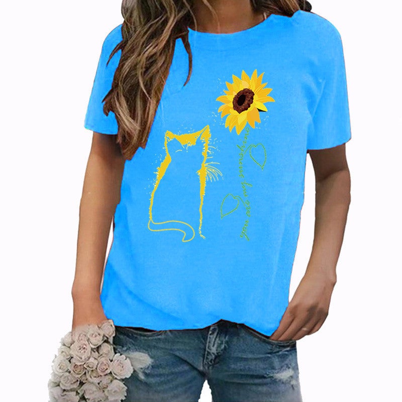 Wish Independent Station Cat Sunflower Pattern Printed Short Sleeve T-Shirt Women - Image 1