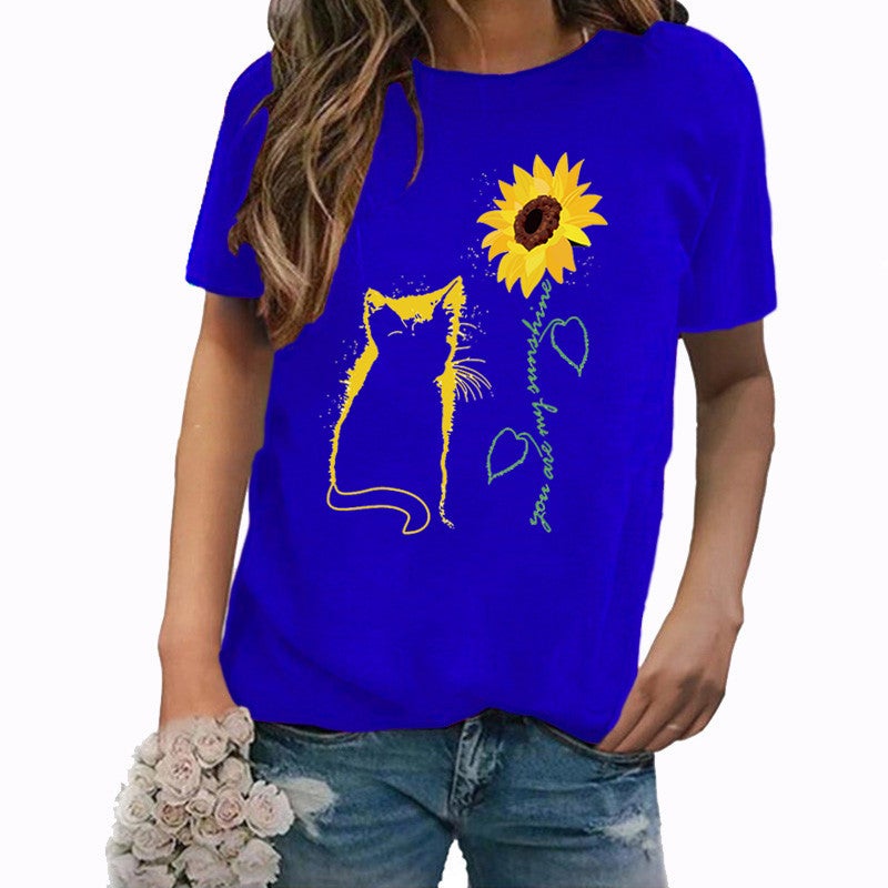 Wish Independent Station Cat Sunflower Pattern Printed Short Sleeve T-Shirt Women - Image 3