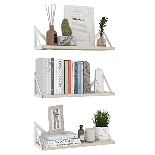 Wallniture Minori Floating Shelves for Wall Storage Floating Bookshelf Set of 3 Bathroom and Kitchen Organizer Natural Wood Wall Shelves with White Brackets