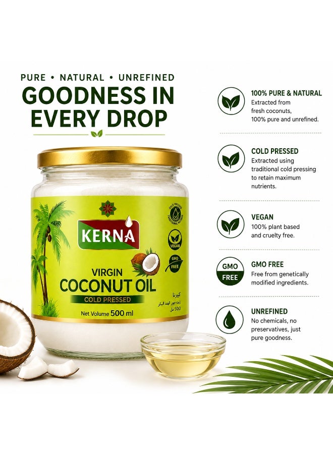 Kerna Virgin Coconut Oil 500 ml | Cold Pressed Coconut Oil | 100% Coconut Oil | For Cooking, Frying & Baking - Image 2