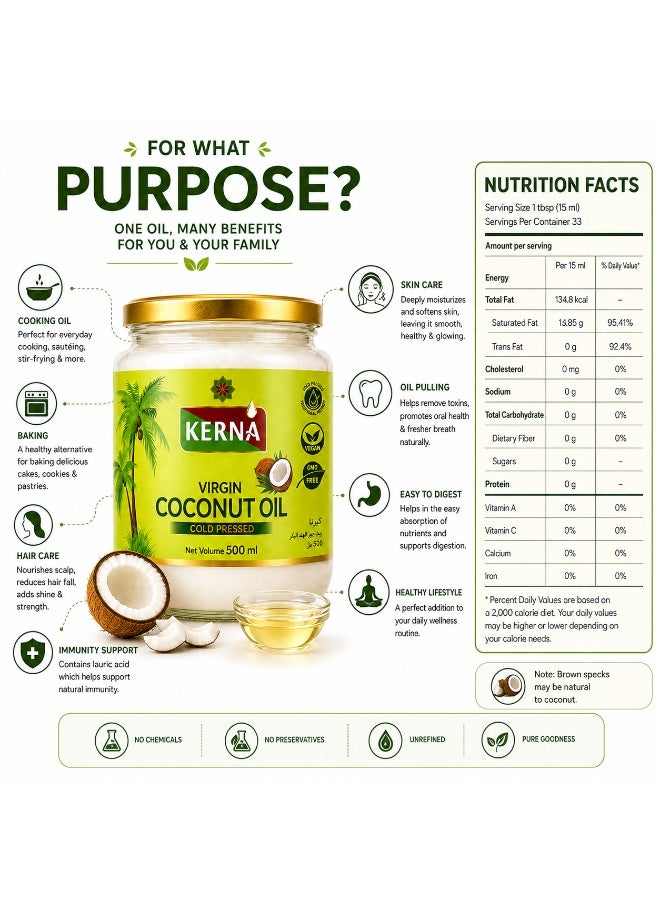 Kerna Virgin Coconut Oil 500 ml | Cold Pressed Coconut Oil | 100% Coconut Oil | For Cooking, Frying & Baking - Image 4