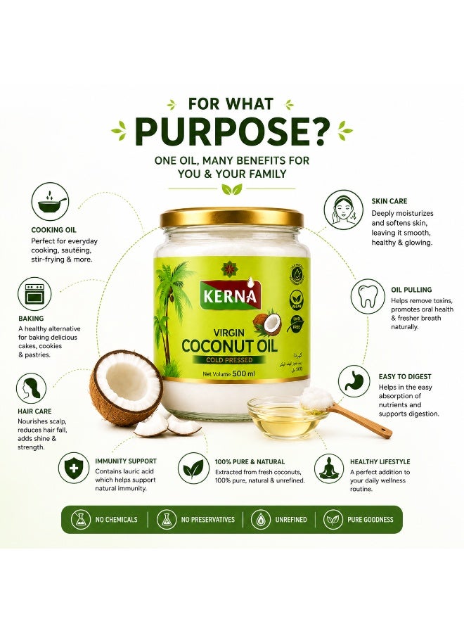 Kerna Virgin Coconut Oil 500 ml | Cold Pressed Coconut Oil | 100% Coconut Oil | For Cooking, Frying & Baking - Image 3