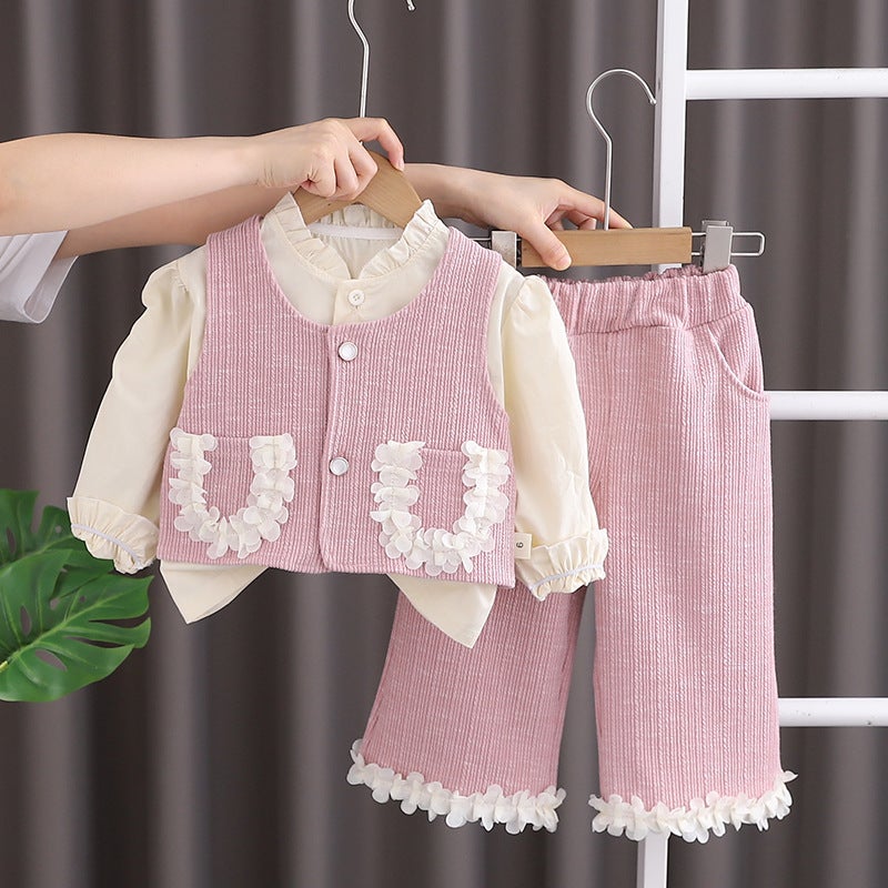 Girls Spring and Autumn Cardigan suit New Baby Fried Street Autumn Lace Double Pocket Vest Long Sleeve Three-piece Set Fashion Pink