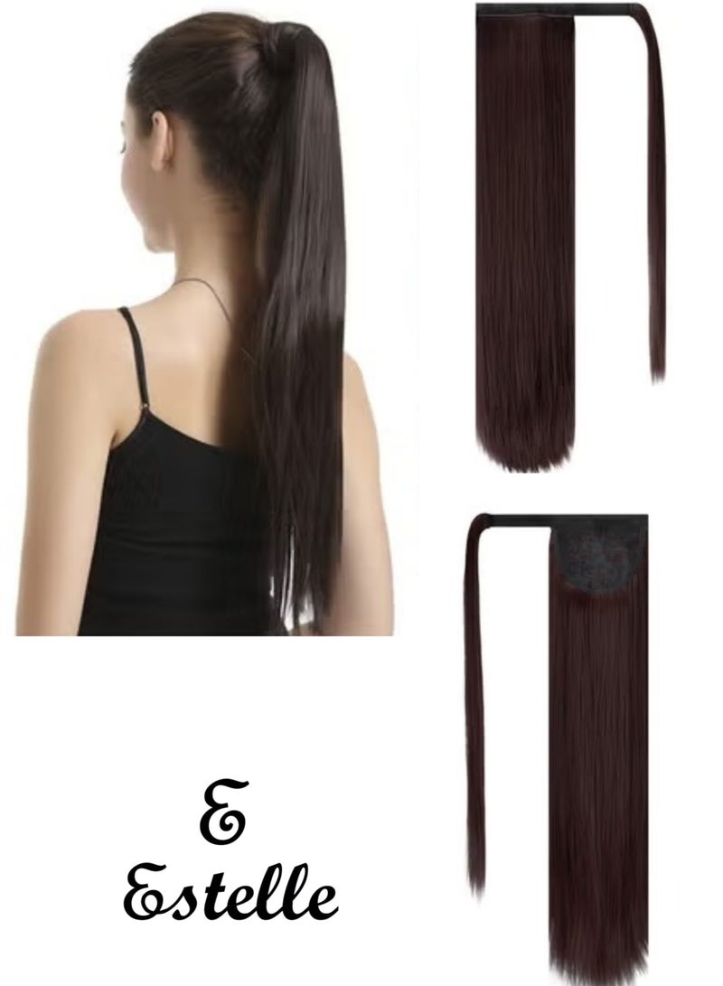 إستيل 4 بوصة تمديد ذيل حصان طويل مستقيم التفاف حول كليب في الألياف الاصطناعية الشعر للنساء لون النبيذ - Image 1