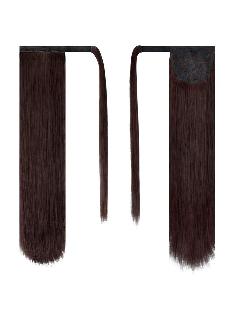 إستيل 4 بوصة تمديد ذيل حصان طويل مستقيم التفاف حول كليب في الألياف الاصطناعية الشعر للنساء لون النبيذ - Image 2