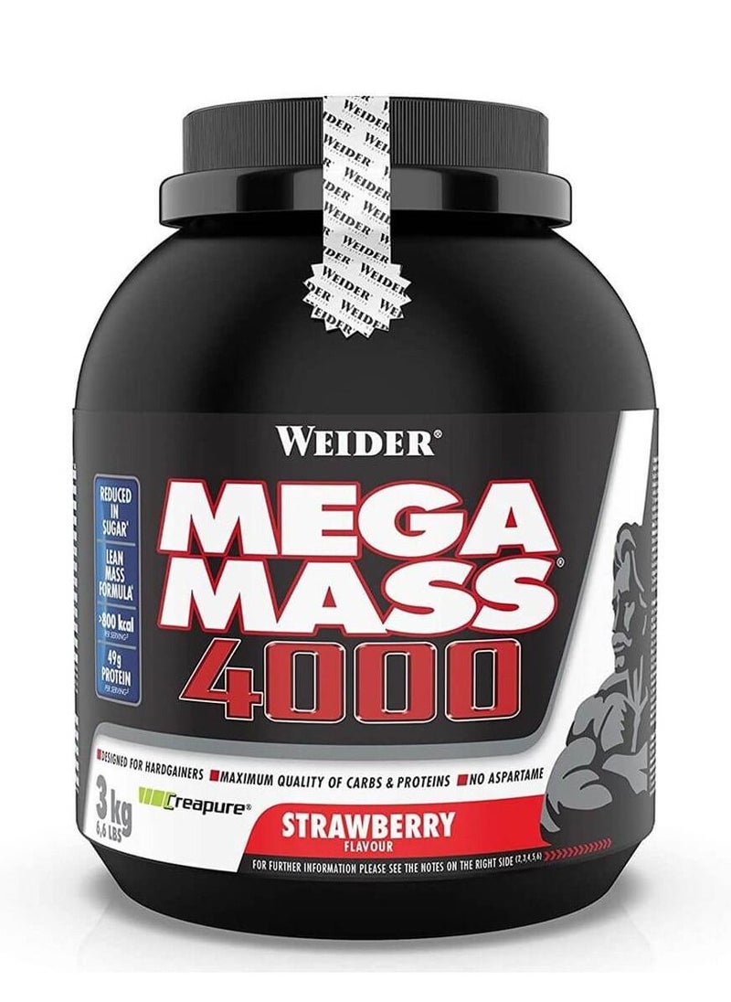 Weider - Mega Mass 4000 3 Kg Weight Gainer with Protein, Creatine, Carbohydrate, Low Sugar, Vitamins and Minerals, Strawberry Flavour - Image 1
