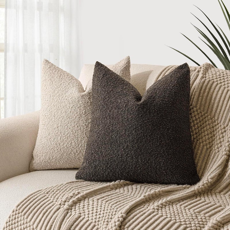 Foindtower Set of 2, Decorative Textured Boucle Throw Pillow Covers Accent Solid Pillow Cases Neutral Soft Cozy Couch Cushion Case for Chair Sofa Bedroom Living Room Home Decor 24 x 24 Inch Dark Brown - Image 5