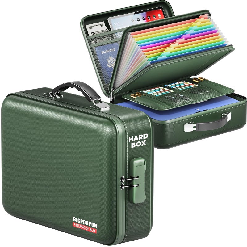 BigPonPon Fireproof Document Box, Hard Case Highly Flame-Resistant Fire Proof Waterproof File Organizer with Lock, Portable Fire Safe for Important Documents & Valuables Storage (Green, â€Ž15"*11"*5") - Image 1