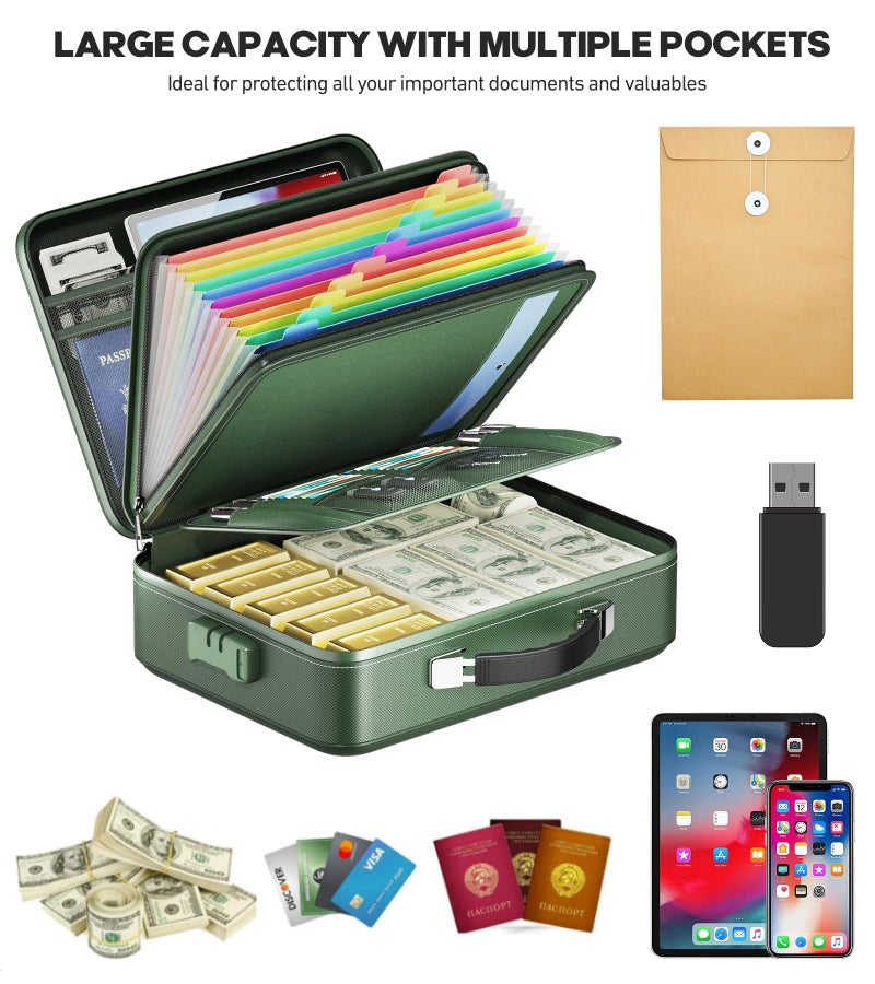 BigPonPon Fireproof Document Box, Hard Case Highly Flame-Resistant Fire Proof Waterproof File Organizer with Lock, Portable Fire Safe for Important Documents & Valuables Storage (Green, â€Ž15"*11"*5") - Image 3