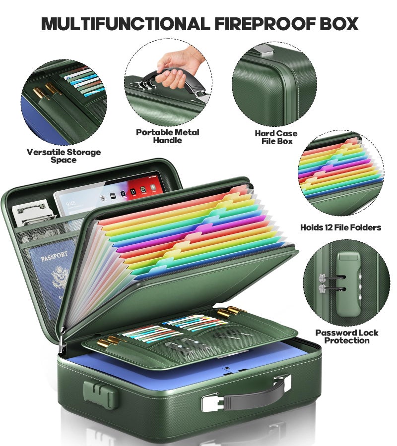 BigPonPon Fireproof Document Box, Hard Case Highly Flame-Resistant Fire Proof Waterproof File Organizer with Lock, Portable Fire Safe for Important Documents & Valuables Storage (Green, â€Ž15"*11"*5") - Image 5