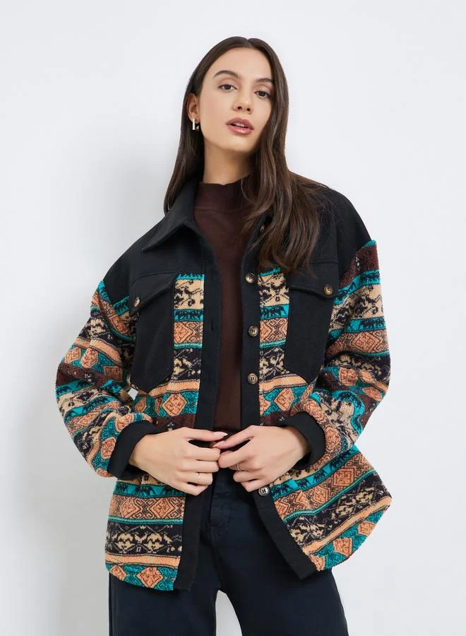 Take Two Women Boho Print Button Front Jacket