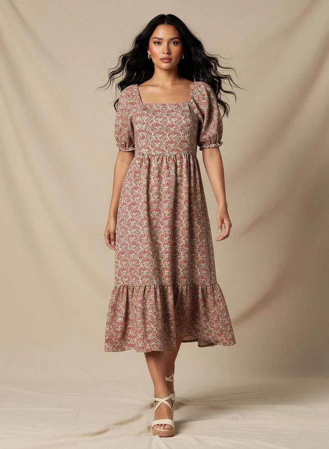 Splash FAV Floral Print Midi Dress with Square Neck