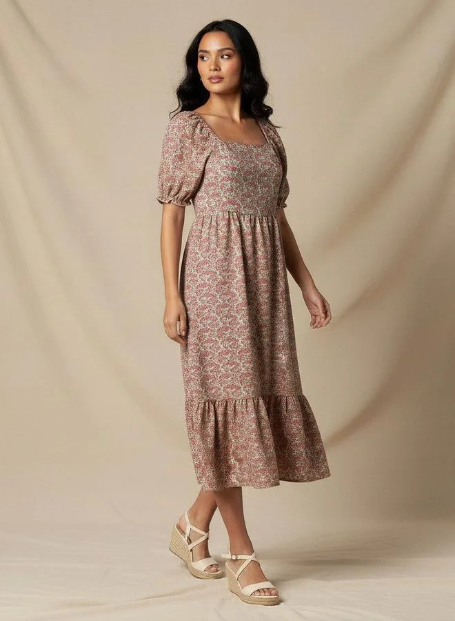 Splash FAV Floral Print Midi Dress with Square Neck