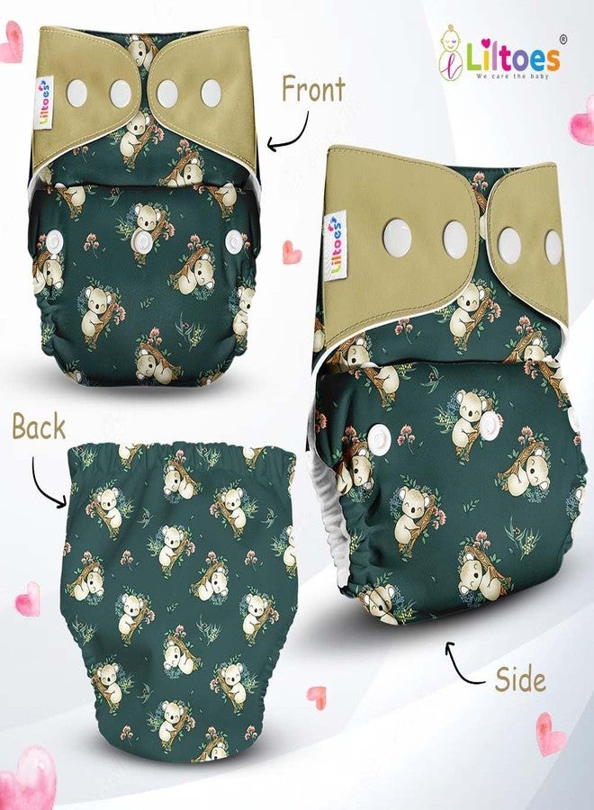 LILTOES Cloth Diapers For New Born Babies 0 to 3 Years | Freesize Adjustable and Reusable | Premium Cloth Nappies Pack of 2 (2 Cloth Diapers + 2 Inserts) | Dozing Koala + Maze Green - Image 2