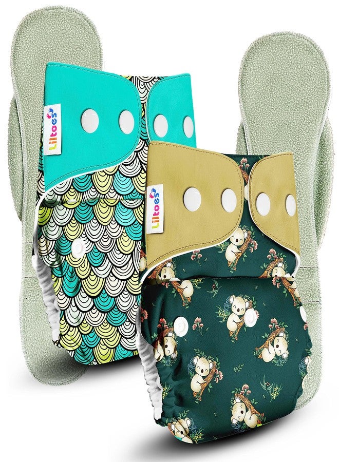 LILTOES Cloth Diapers For New Born Babies 0 to 3 Years | Freesize Adjustable and Reusable | Premium Cloth Nappies Pack of 2 (2 Cloth Diapers + 2 Inserts) | Dozing Koala + Maze Green - Image 1
