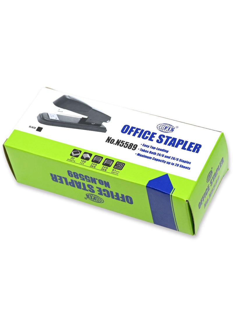 FIS Metal Office Stapler with Max Capacity 100 Staple Pins, Full Strip No. 24/6&26/6 mm, depth 61 mm, 20 Sheets,Black -FSSFN5589BK - Image 4