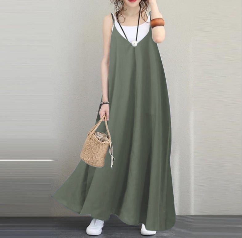 Women Casual Loose Solid Dress V-Neck Backless Long Dress Sleeveless Women Party Gown