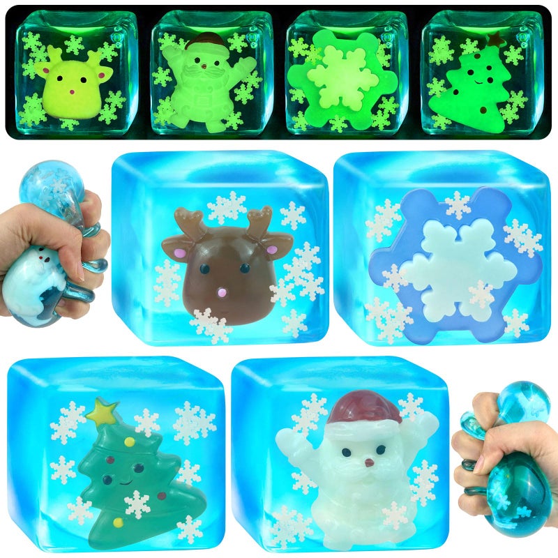 YVBBHE 4 Pack Blue Squeeze Cube with Luminous Christmas Elements InsideSquishy Stress Fidget Gummy Toys Glow in The Dark Maltose Sensory Toys for Kids Autism Stress Balls for Anxiety Stress Relief - Image 3