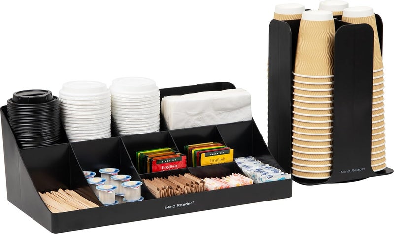 Mind Reader Cup Carousel and Condiment Organizer Set, Countertop Org, Coffee Bar, 7.75"L x 7.75"W x 11.5"H, 2 Pcs., Black - Image 1