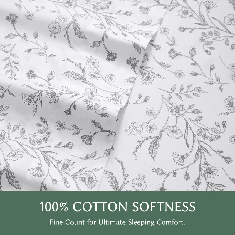 HYPREST 100% Cotton Sheets Queen Floral Patterned - Deep Pocket Queen Sheets White and Black Crispy Percale Bed Sheets Soft Breathable - Image 3
