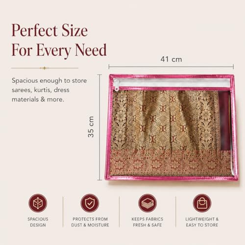 FabPax Premium Saree Cover for Storage & Travel, Transparent Non-Woven Saree Bag with Zipper, Dustproof Wardrobe Organizer for Silk, Designer & Wedding Sarees (36x42 cm) (Pink, Set of 50) - Image 3