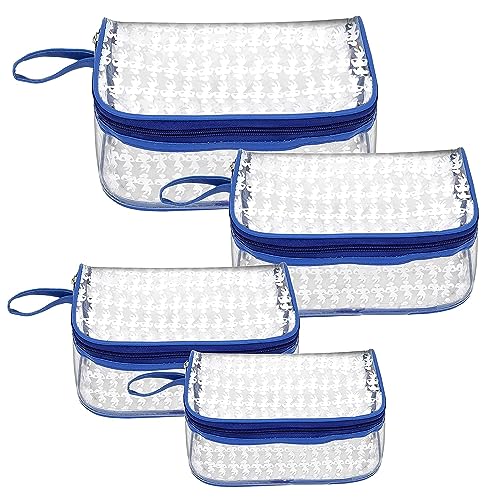 TULMAN Designer Transparent Cosmetic Pouch Makeup Organizer Jewellery Accessories Organizers Zippered Toiletry Bag with Handle for Men & Women - Transparent Blue Border - 4 Pack - Image 1