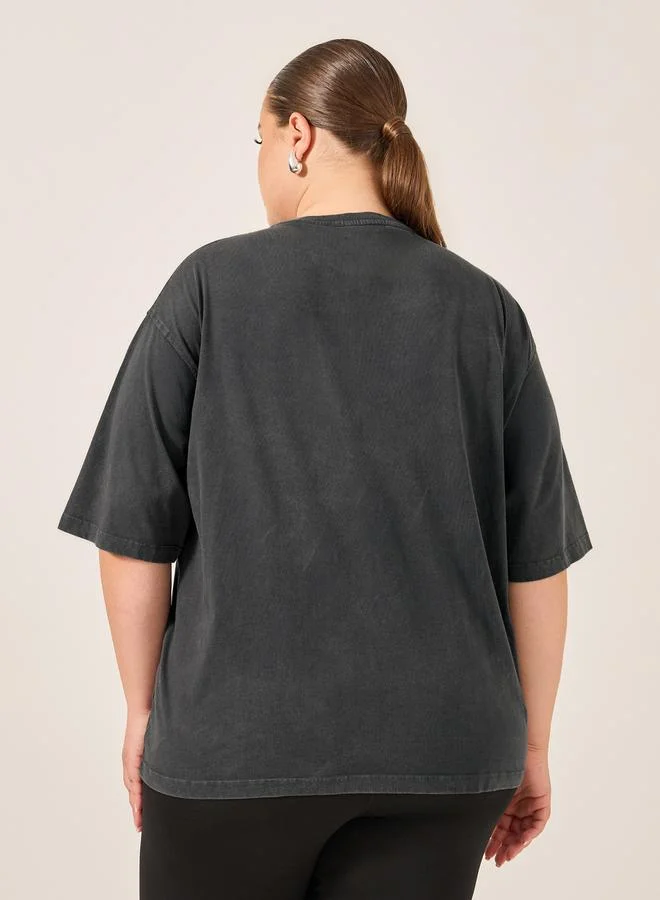 Styli Plus Size Acid Washed Ruffled Oversized T-Shirt