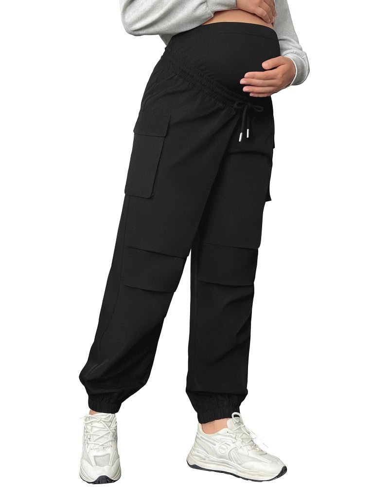 Cutecrop Womens Maternity Cargo Pants Over The Belly Pregnancy Joggers Sweatpants Causal Stretch Scrub Pants with Pockets (Black,Medium) - Image 1