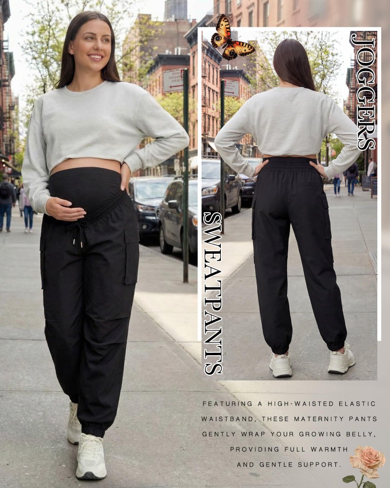 Cutecrop Womens Maternity Cargo Pants Over The Belly Pregnancy Joggers Sweatpants Causal Stretch Scrub Pants with Pockets (Black,Medium) - Image 3