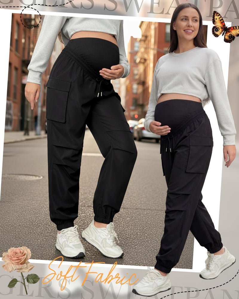 Cutecrop Womens Maternity Cargo Pants Over The Belly Pregnancy Joggers Sweatpants Causal Stretch Scrub Pants with Pockets (Black,Medium) - Image 2