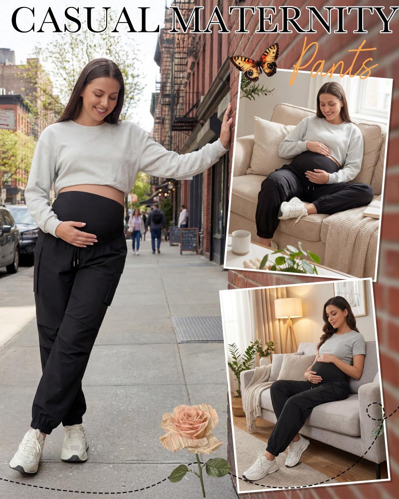 Cutecrop Womens Maternity Cargo Pants Over The Belly Pregnancy Joggers Sweatpants Causal Stretch Scrub Pants with Pockets (Black,Medium) - Image 5