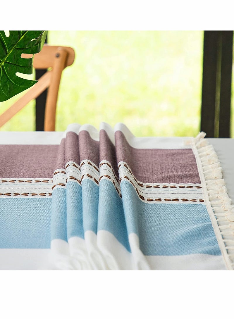 Tablecloth, Rectangular Cotton Linen Washable Table Cloth with Tassel, Table Decoration Cloth for Rectangle Oblong Table, Kitchen, Dining, Tea Table Tabletop Decoration (55 x 71 inch, Blue Brown) - Image 2