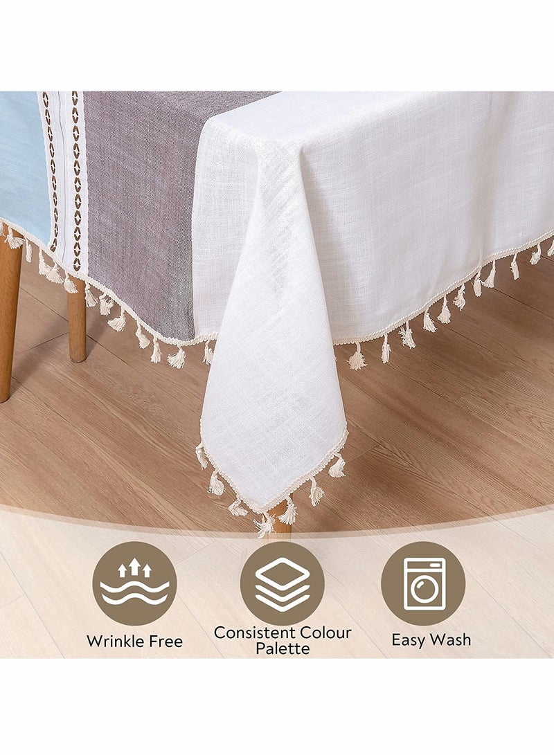 Tablecloth, Rectangular Cotton Linen Washable Table Cloth with Tassel, Table Decoration Cloth for Rectangle Oblong Table, Kitchen, Dining, Tea Table Tabletop Decoration (55 x 71 inch, Blue Brown) - Image 3