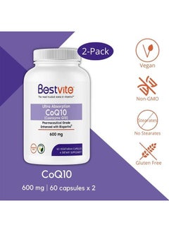 BESTVITE Coenzyme CoQ10 600mg per Capsule with Bioperine (120 Vegetarian Capsules) (2-Pack) Naturally Fermented - No Stearates - No Fillers - Vegan - Non GMO - Gluten Free  - Image 3