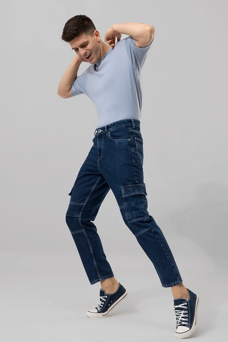 SNITCH Navy Blue Solid Loose Fit Streetwear Cargo