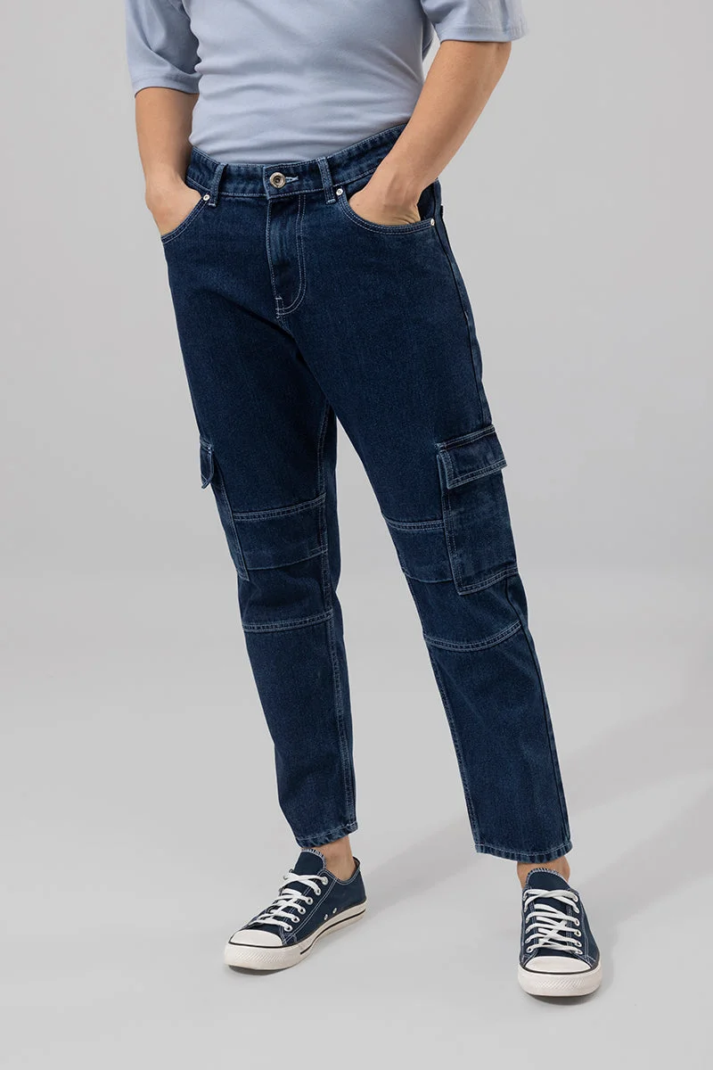 SNITCH Navy Blue Solid Loose Fit Streetwear Cargo