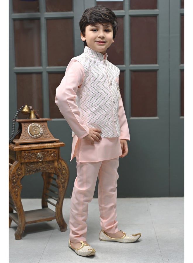 BT DEZINES Pink Kurta Pyjama Waistcoat Set for Boys - Image 3