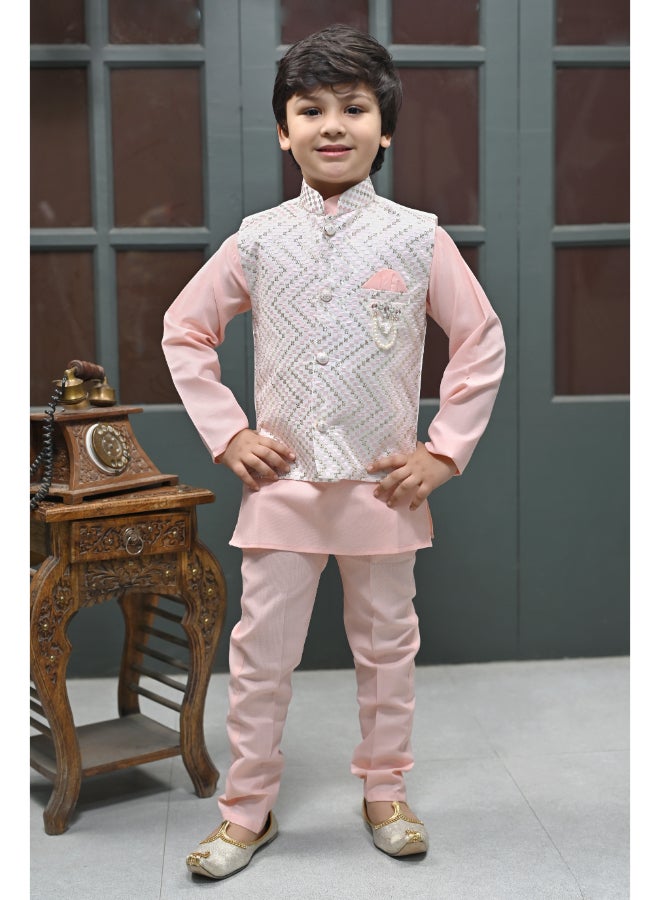 BT DEZINES Pink Kurta Pyjama Waistcoat Set for Boys - Image 1