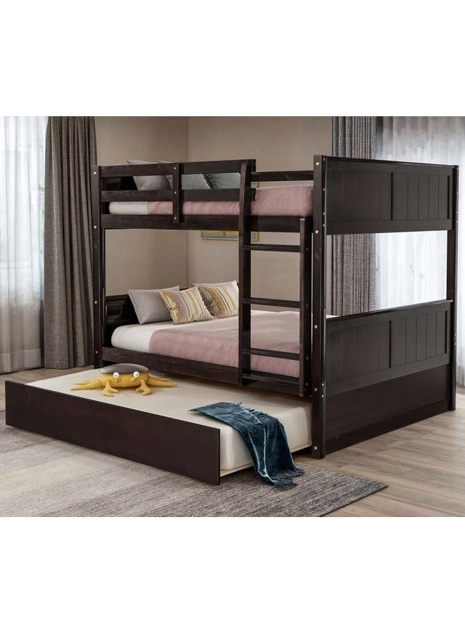 Merax Full Over Full Bunk Bed with Trundle,Wooden Trundle Bed Frame with Ladder Safety Guardrail,Convertible to 2 Platform Beds for Kids Teens,Espresso - Image 1