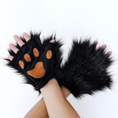 HAOAN Faux Fur Wolf Ears Headband Fox Tail and Paw Gloves Set Cosplay Halloween Costume Accessories - Image 3