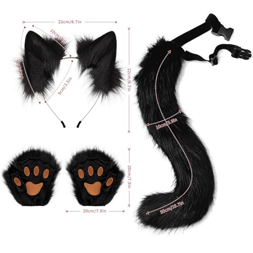 HAOAN Faux Fur Wolf Ears Headband Fox Tail and Paw Gloves Set Cosplay Halloween Costume Accessories - Image 2