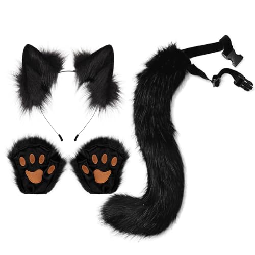 HAOAN Faux Fur Wolf Ears Headband Fox Tail and Paw Gloves Set Cosplay Halloween Costume Accessories - Image 1