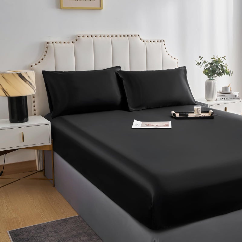 DuShow Fitted Sheet - Deep Pocket Satin Silk Bed Seet,Breathable Soft and Comfortable - Wrinkle, Fade, satin and Abrasion Resistant(Single,Black) - Image 2