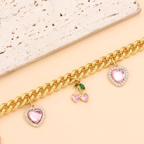 SORGERLY Bag Purse Charm Chain for Handbags - Pink Cherry Heart Charm Extender Chain Gold Accessories - Cute Keychain Gifts for Women (Pink) - Image 5
