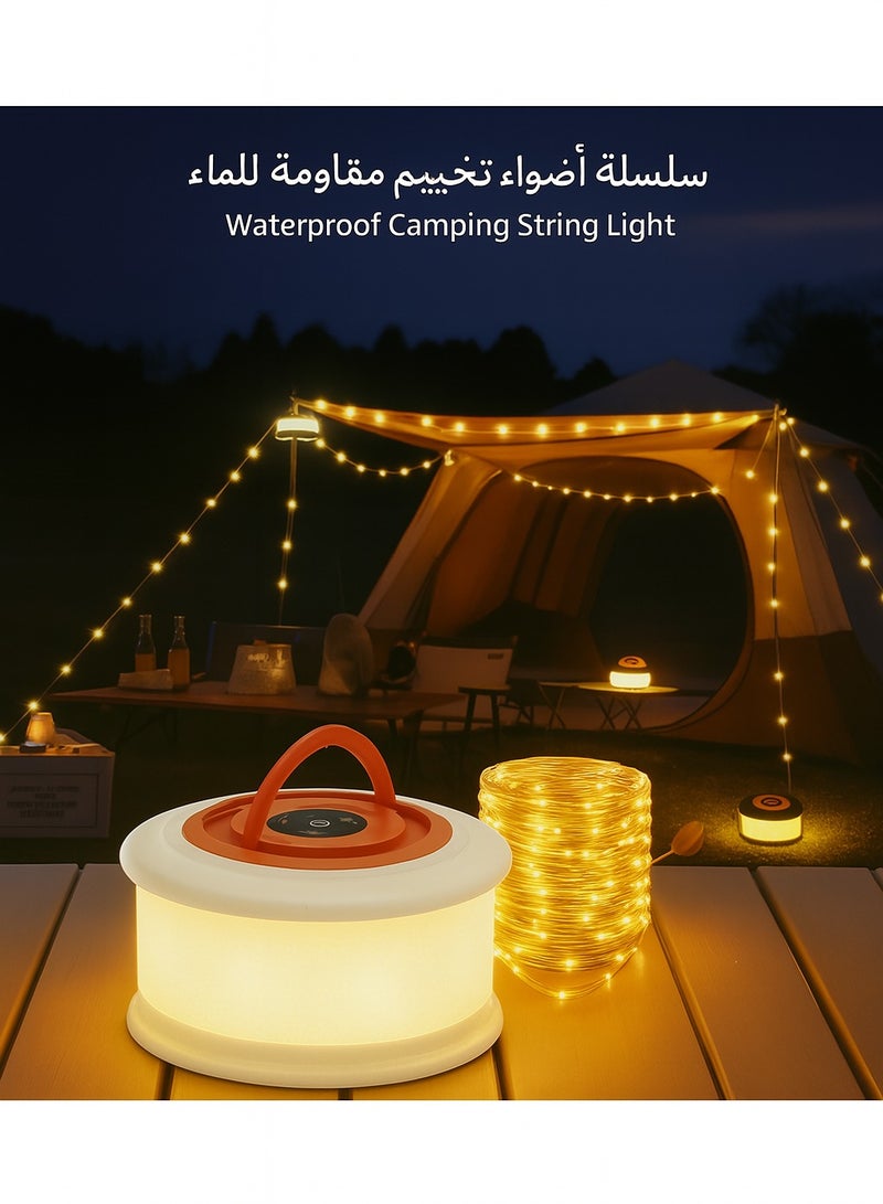 شريط إضاءة تخييم خارجي قابل للشحن بضوء أبيض دافئ مع غطاء برتقالي وأبيض – بطول 10 أمتار، مقاوم للماء، مع 7 أوضاع إضاءة ناعمة للأجواء، مثالي لإضاءة أجواء المطاعم/المقاهي في الداخل والخارج - Image 1