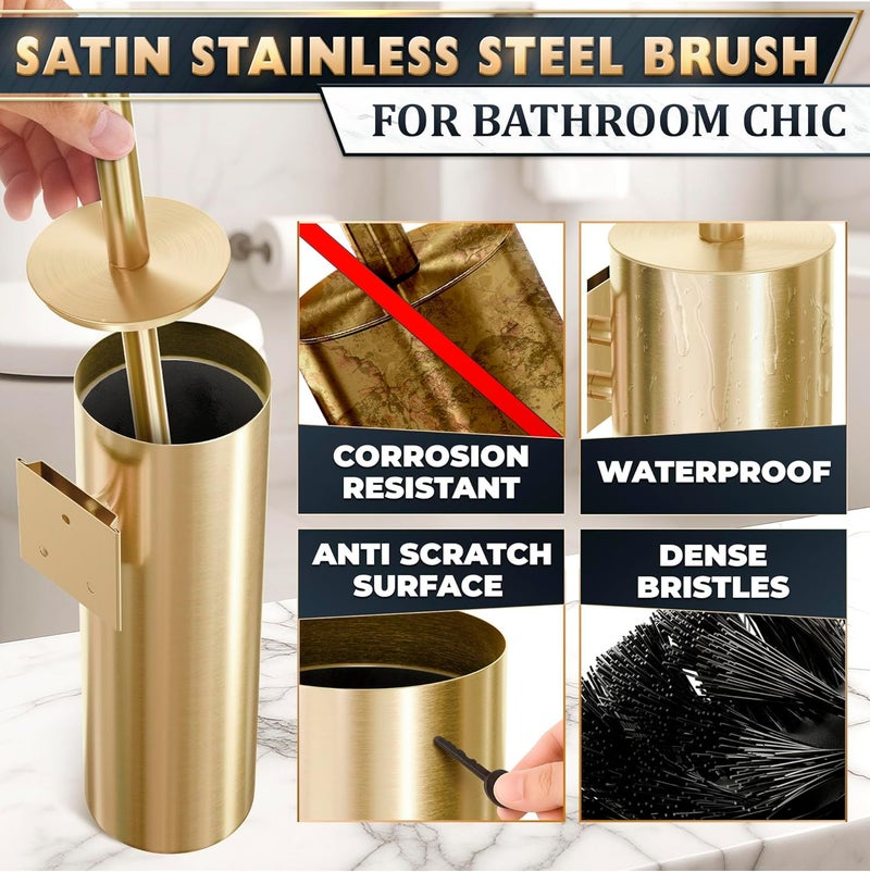 NOVSIX Gold Toilet Brush and Holder Set with Wall Mount - Modern Wall Mounted Toilet Brush Made from Corrosion-Resistant Stainless Steel - Removable Inner Bowl, Splash Protection & Dense Bristles Supplied - Image 3