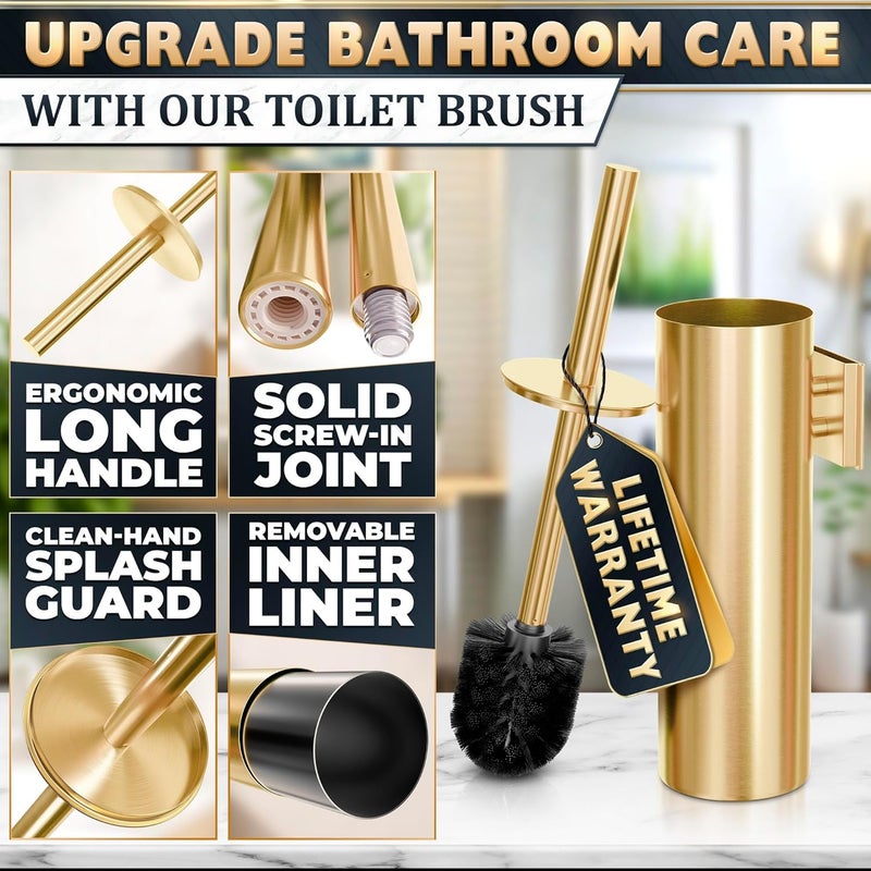 NOVSIX Gold Toilet Brush and Holder Set with Wall Mount - Modern Wall Mounted Toilet Brush Made from Corrosion-Resistant Stainless Steel - Removable Inner Bowl, Splash Protection & Dense Bristles Supplied - Image 4