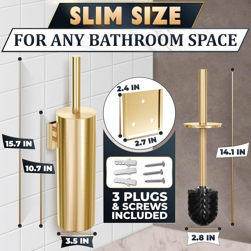 NOVSIX Gold Toilet Brush and Holder Set with Wall Mount - Modern Wall Mounted Toilet Brush Made from Corrosion-Resistant Stainless Steel - Removable Inner Bowl, Splash Protection & Dense Bristles Supplied - Image 2