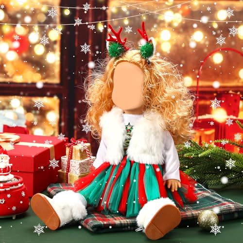 UPINS Christmas 18 Inches Doll Clothes and Accessories Winter Doll Outfits Set Christmas Deer Costume Includes Tutu Dress Vest TShirt Shoes Hairpin Socks for 18 Inch Doll Girls Gifts - Image 5